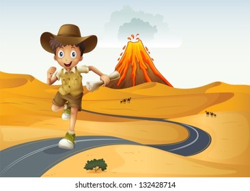 Illustration of a boy running along the street holding a rolled paper