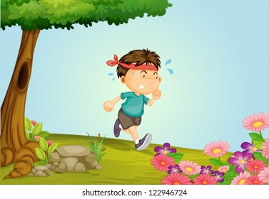 Illustration of a boy running in a beautiful nature