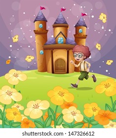 Illustration of a boy running in front of the castle with flowers 