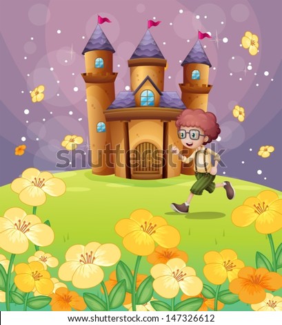 Illustration of a boy running in front of the castle with flowers 