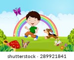 Illustration of a boy running with his pet