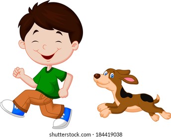 Illustration of a boy running with his pet