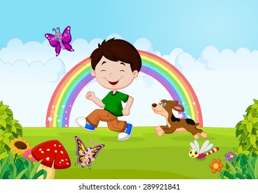 Illustration of a boy running with his pet