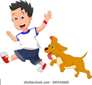 Illustration of a boy running with his pet dog