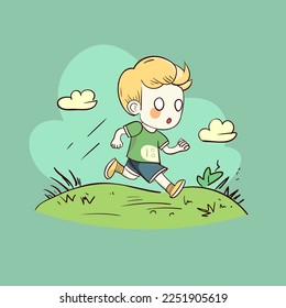 illustration of a boy running on a field hand drawn childish cartoon
