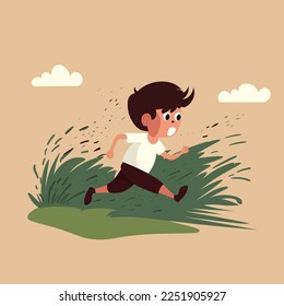 illustration of a boy running on a field hand drawn childish cartoon