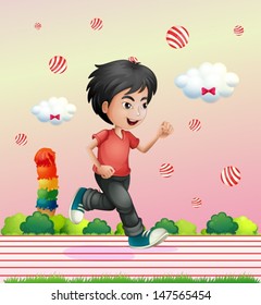 Illustration of a boy running outside with candy balls