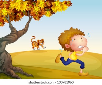 Illustration of a boy running with a tiger at his back