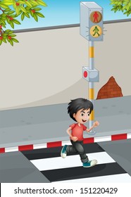 Illustration of a boy running while crossing the street