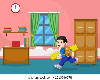 The illustration of the boy runs and holds the big yellow ruler