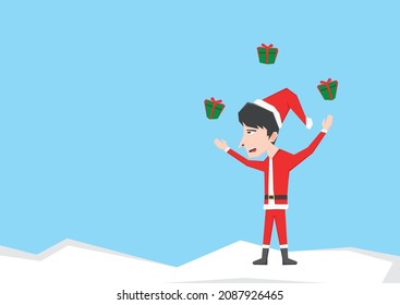 An illustration of a boy with Santa Claus costume and throwing some gift box in the air