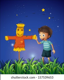 Illustration of a boy and a scarecrow at the ricefield