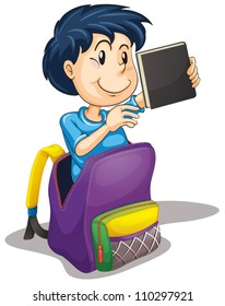 illustration of a boy in the school bag on a white background
