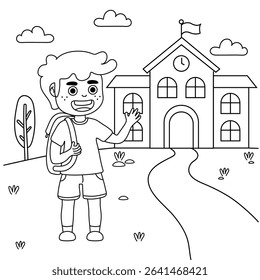 Illustration of a boy with a school bag waving goodbye in front of the school in a coloring book style for kids.
