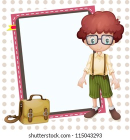 illustration of a boy, a school bag and a white board