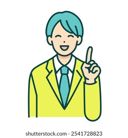 Illustration of a boy in school uniform facing forward and pointing his finger.