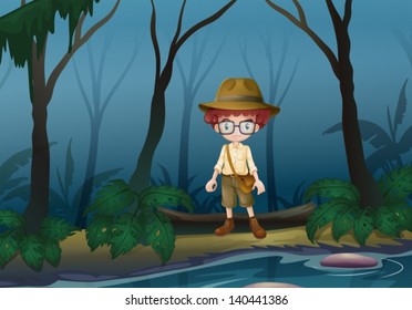 Illustration of a boy scount in the forest near the lake