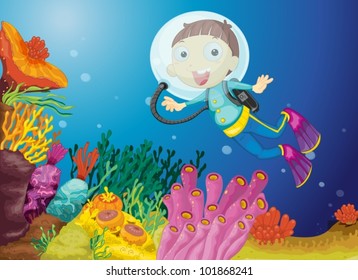 Illustration of boy scuba diving