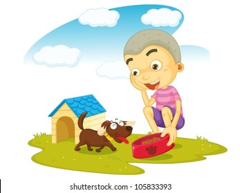 illustration of a boy serving food to dog on white