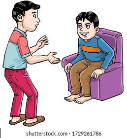 Illustration a boy serving his friend, asks him to sit down on the sofa.