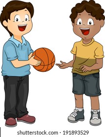 Illustration of a Boy Sharing His Basketball with His Friend