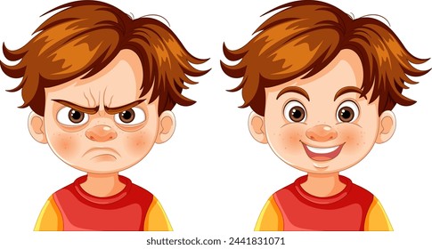 Illustration of a boy showing anger and happiness.