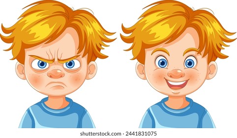 Illustration of a boy showing anger and happiness.