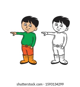 Illustration of boy showing direction with one hand in pocket, other hand. Vector