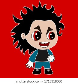 illustration with a boy showing his evil grin on his angry frowned face with wild black hair & red eyes & wicked smile through teeth, simple colored emoticon, vector emoji in color