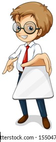 Illustration of a boy showing off his gadget on a white background