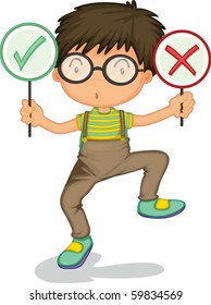 illustration of a boy showing signs on a white background