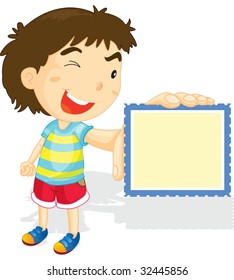 Illustration of boy showing stamp