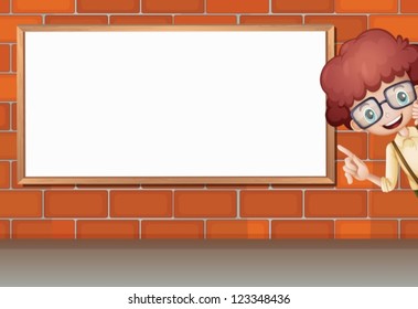 Illustration of a boy showing white board on brick wall