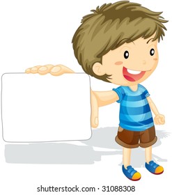 Illustration of boy showing white paper