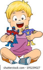 Illustration of a Boy Simulating a Fight Between His Toys
