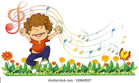 Ilustração de um menino cantando em voz alta com notas musicais sobre um fundo branco