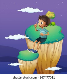 Illustration of a boy sitting above the high rock formation