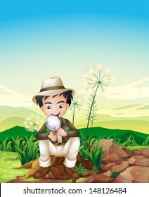 Illustration of a boy sitting above a stump holding a magnifying lens