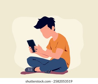 An illustration of a boy sitting casually while using a smartphone. This image represents modern activities like playing games, browsing the internet, or chatting on a mobile device