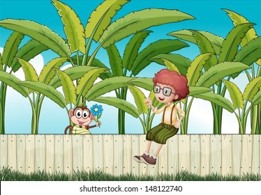Illustration of a boy sitting at the fence with a monkey