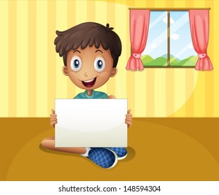 Ilustración de un niño sentado en el suelo con una cartelera vacía