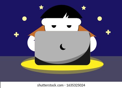 Illustration of a boy sitting in front of a computer at night