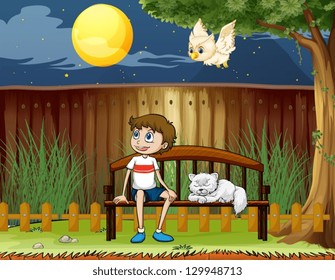 Illustration of a boy sitting with his cat inside the fence