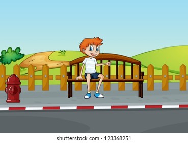 Illustration of a boy sitting on the bench in a beautiful nature