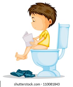 illustration of a boy sitting on commode on a white
