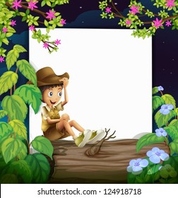 Illustration of a boy sitting on a log with nature and white as background