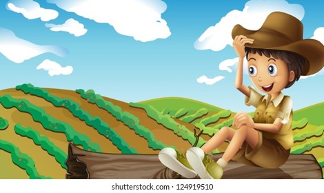 Ilustración de un niño sentado en un maletero observando el campo