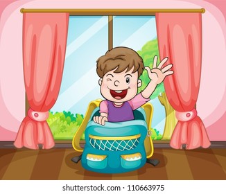 ilustración de un niño sentado en un bolso escolar