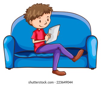 Illustration of a boy sitting at the sofa with a gadget on a white background 