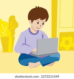 illustration of a boy sitting studying using a laptop, against a bright yellow room background